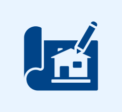 Group 11 Icon depicting a blueprint with a pencil drawing a house, symbolizing architectural design or planning.