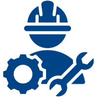 Mask group (3) Icon of a construction worker in a helmet with a gear and wrench, symbolizing engineering or maintenance.