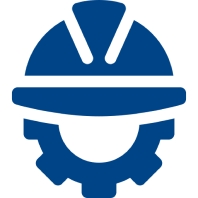 Mask group (4) Icon of a blue hard hat over a gear, representing engineering or construction.